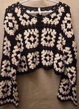 Dreamers Black White Crochet Granny Square Sweater Cropped Boho Cardigan